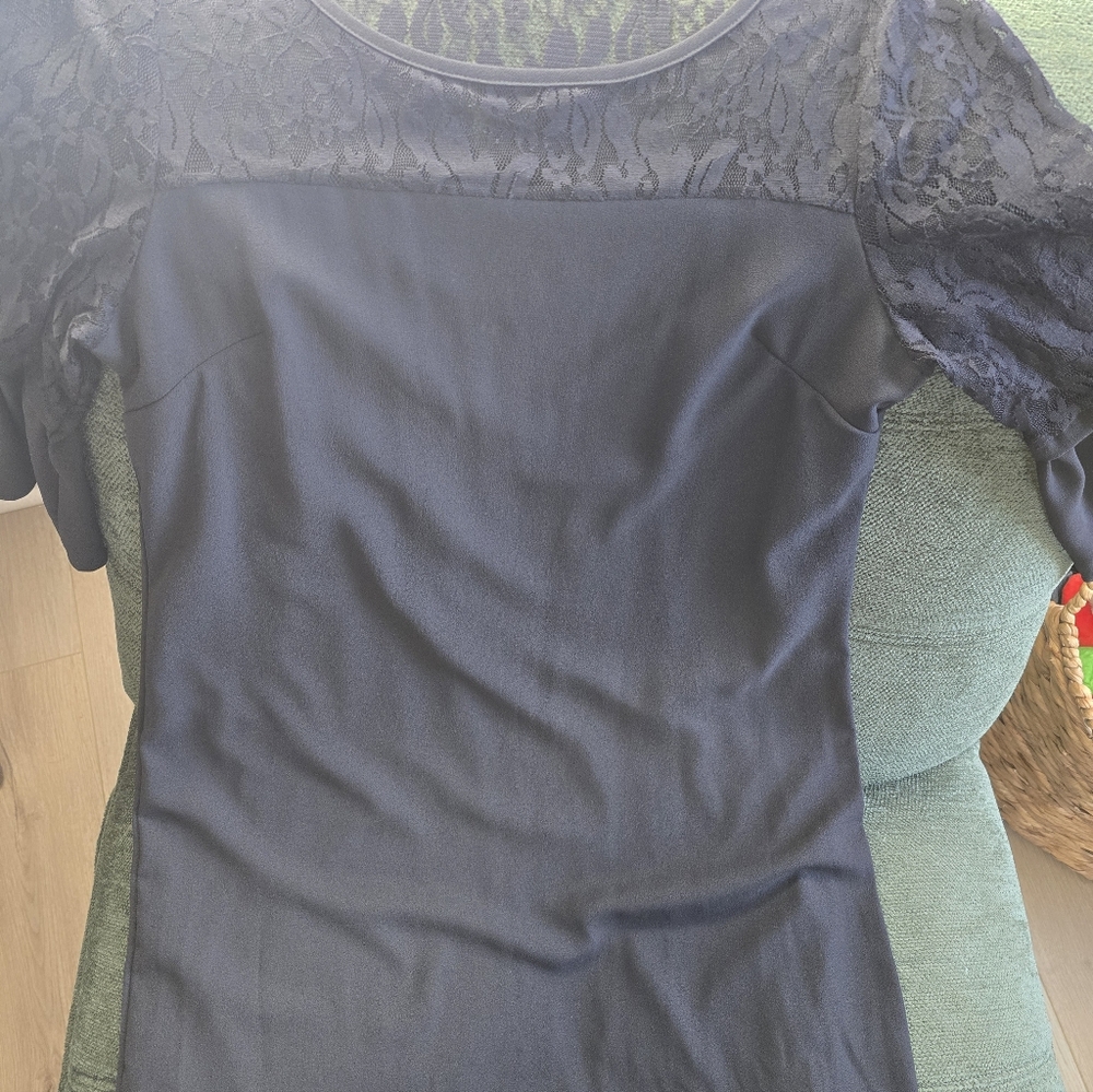 Black Top Lace‎ Mini Dress GIBIU Medium Short Sleeve Shift Above Knee